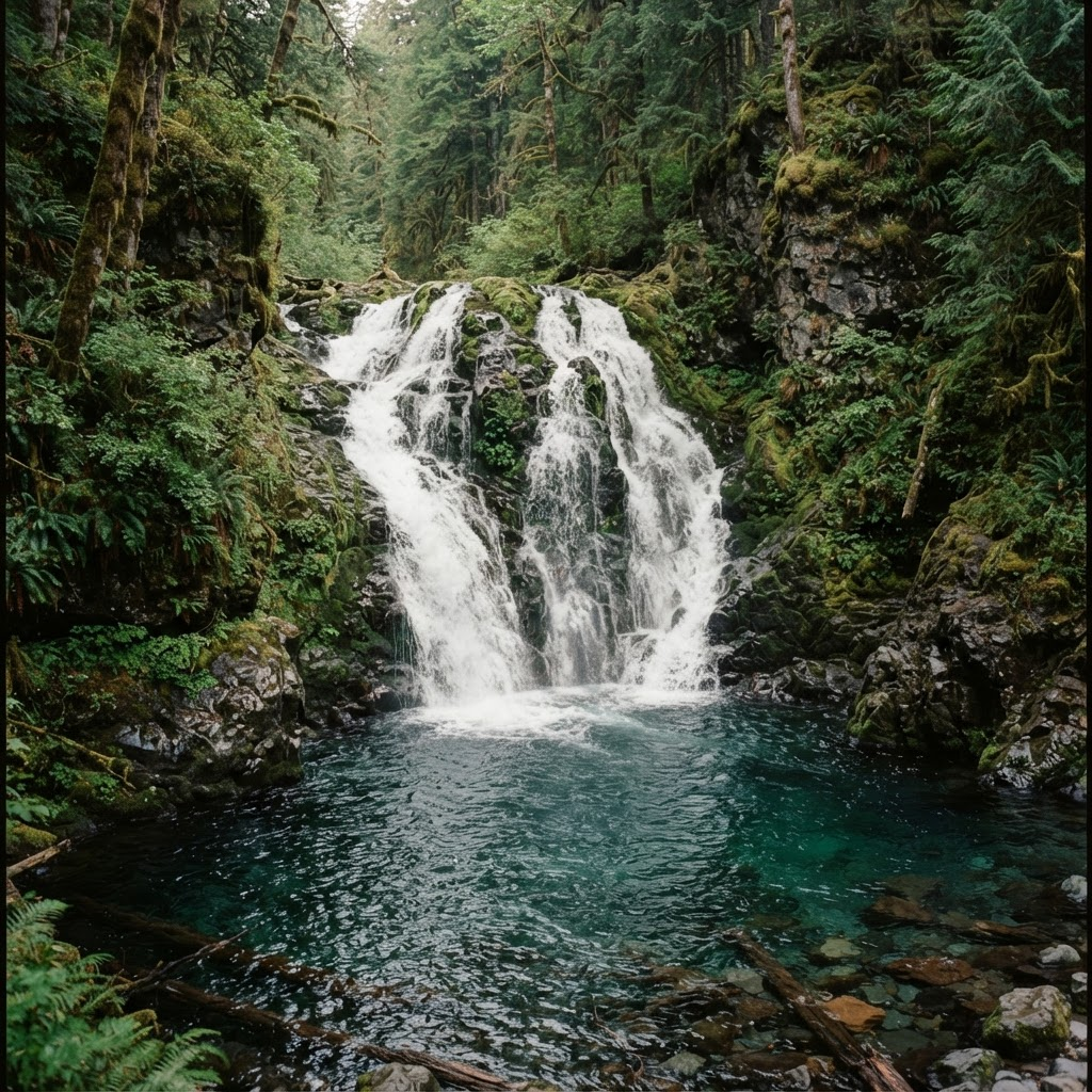 Waterfall flowing through a mossy forest landscape